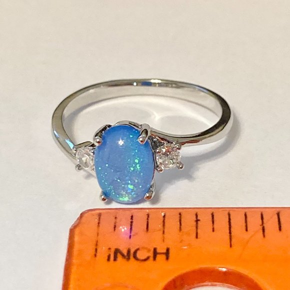 Opal Stone Ring Solitaire Silver Plated Simulated Blue Oval Cut Size 7 8 9 11 - Picture 10 of 11